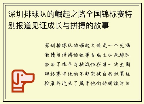 深圳排球队的崛起之路全国锦标赛特别报道见证成长与拼搏的故事